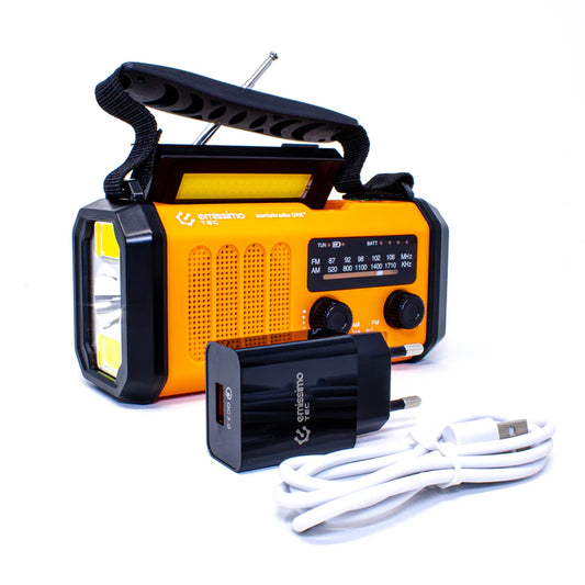 ReadyCharge Radio: een 5-in-1 noodradioset, aangedreven door handslinger, zonnepaneel en elektriciteit. Inclusief een powerbank van 10.000 mAh, zaklamp en kompas.
