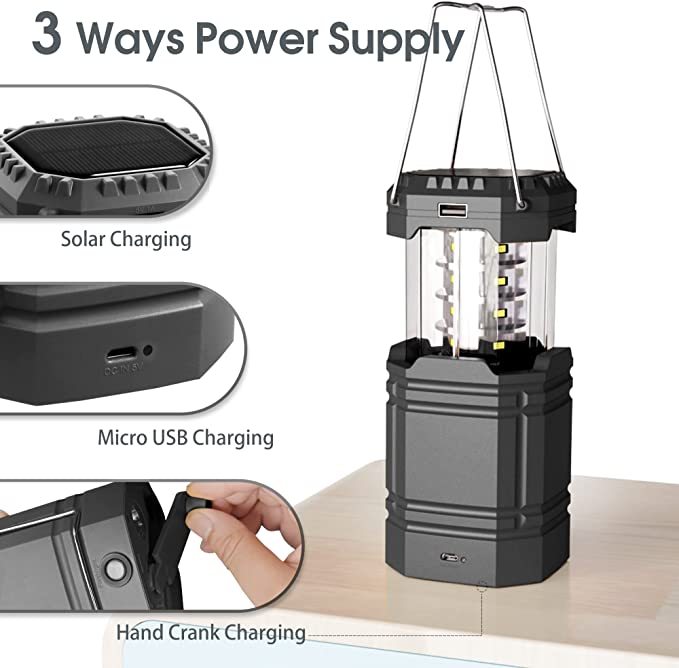 Solar Camping Handkurbel Laterne Schwarz, Tragbare Ultrahelle LED-Taschenlampe mit Akku