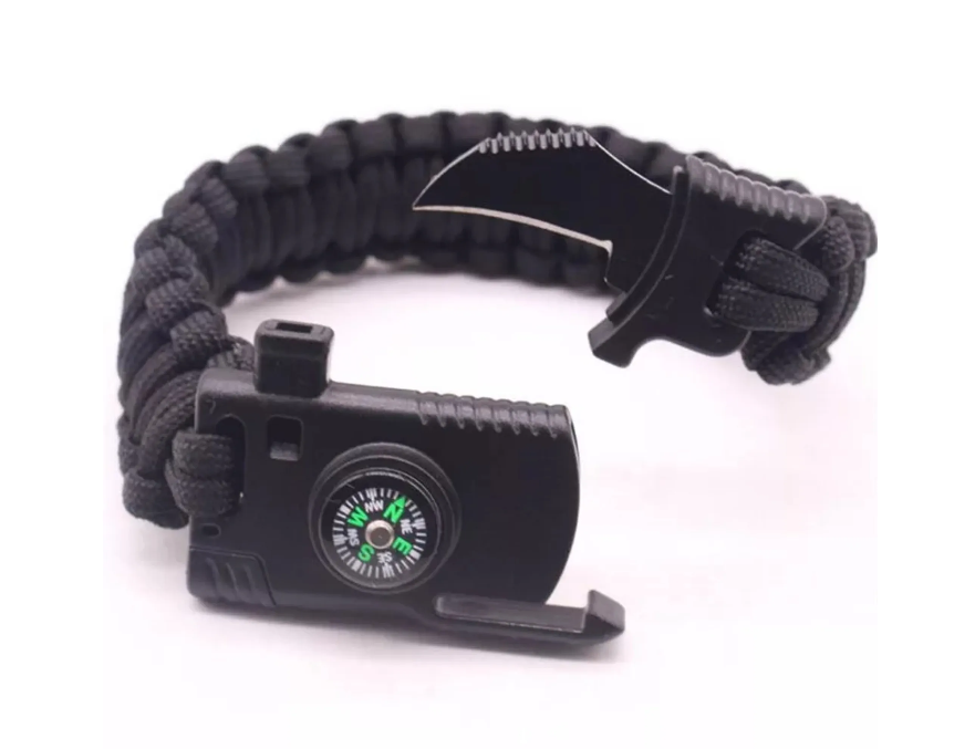 Multifunctionele noodarmband met mes, fluitje, kompas en vuursteen - overlevingsarmband - noodarmband - noodoriëntatie/noodbrand - buitenarmband - zwart