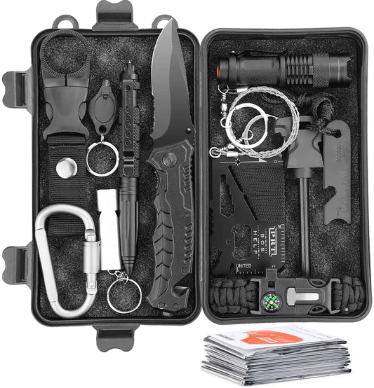 Survivalset compleet - survivaltools voor buiten inclusief paracord, lamp, fluitje, vuurstaal