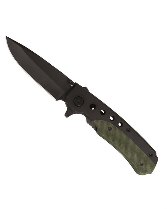 One-hand knife Folding knife with clip for attachment Black/olive
