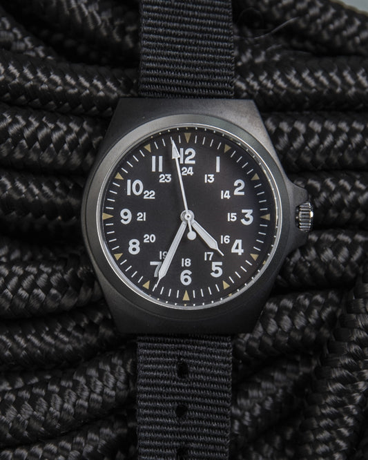 Army Uhr US-Style Stahl Schwarz mit Nylonarmband, Quarzuhrwerk