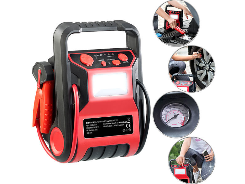 5 in 1 product: power bank - jump starter - compressor - 12 V connection - light/lamp/light source