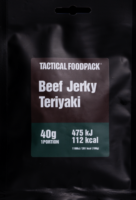 Beef Jerky Teriyaki 40 gram (gedroogd vlees) - snack - noodrantsoen/noodvoedsel - noodrantsoen/noodvoorraad - noodpakket/voedselpakket - voedselrantsoen - overlevingsrantsoen - overlevingsvoedsel - voedingsstoffen/voedsel